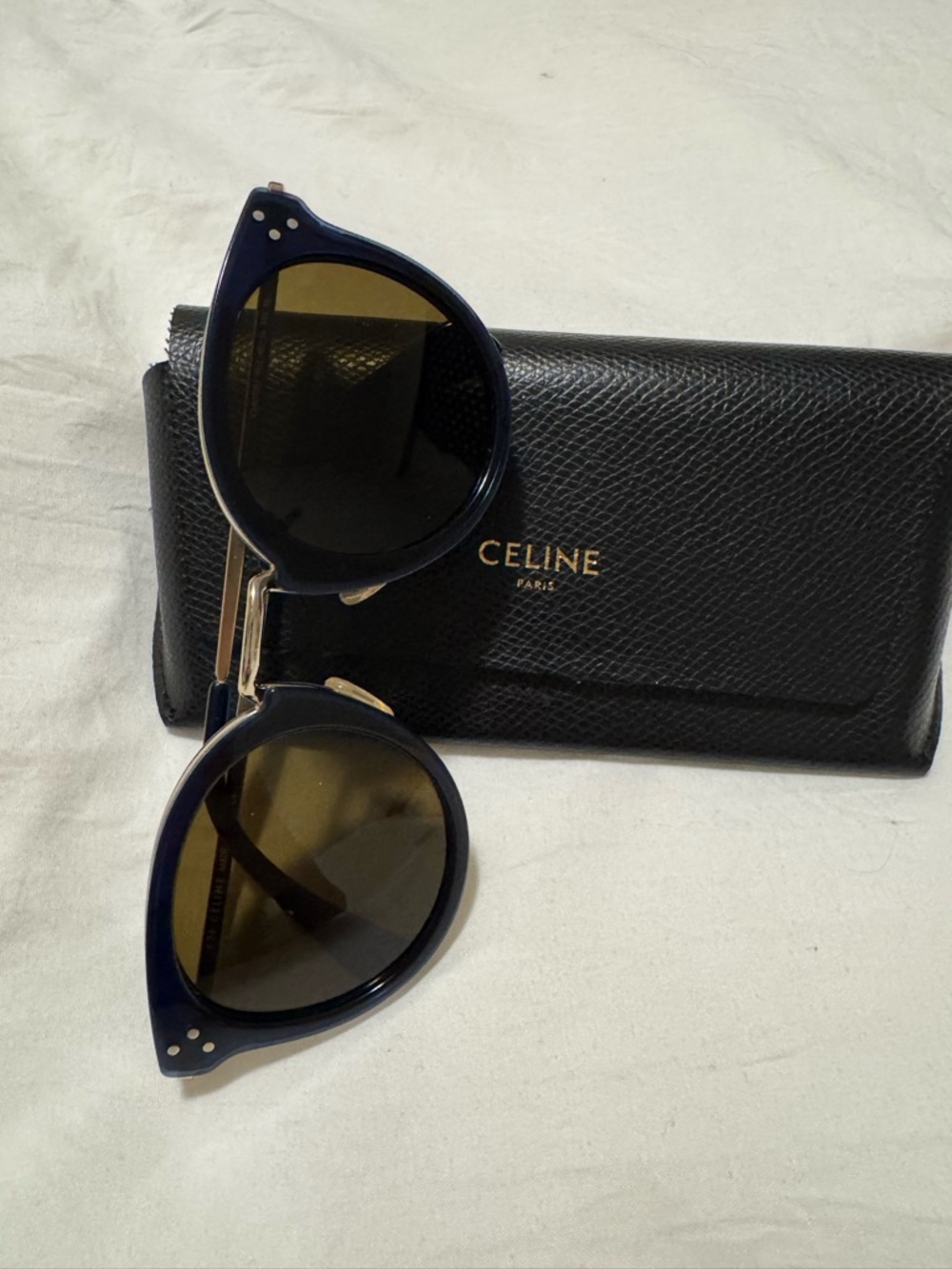 Celine Men's Round Sunglasses - Navy Frame, Brown Lenses, Gold Bridge - Picture 5 of 7